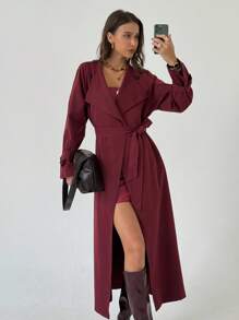 Aloruh Minimalist Commuter New Eggplant Purple Versatile Extra Long Tie-Waist Reversible Decorative English Style Lapel Trench Coat In Fall/Winter - Red Violet - View 6