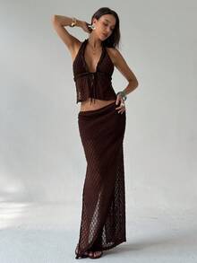 Aloruh Bộ 2 món áo hai dây cổ yếm buộc dây hở lưng màu cà phê lãng mạn dành cho nữ - màu nâu - Xem 7