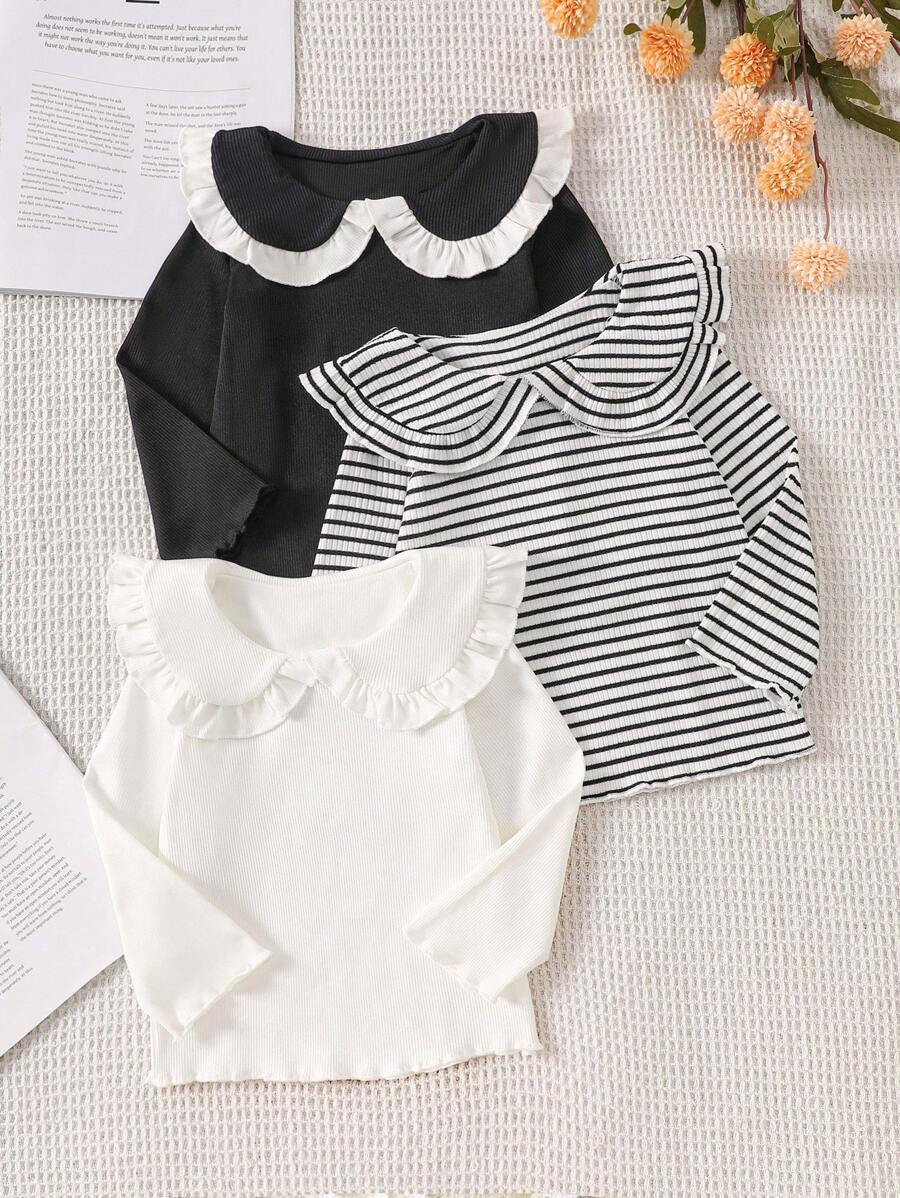 SHEIN Playful Pals 3 Stücke Baby Mädchen elegantes Rüschen Kragen gestreiftes Langarm T-Shirt, süß & modisch für Zuhause, Outdoor, Urlaub, alle Jahreszeiten - Schwarz und Weiss - Übersicht 1