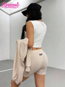 SHEIN مجموعة بلوزة هودي وشورت بلون أحادي بسيط للمراهقات - لون مشمشي - مشاهدة 2
