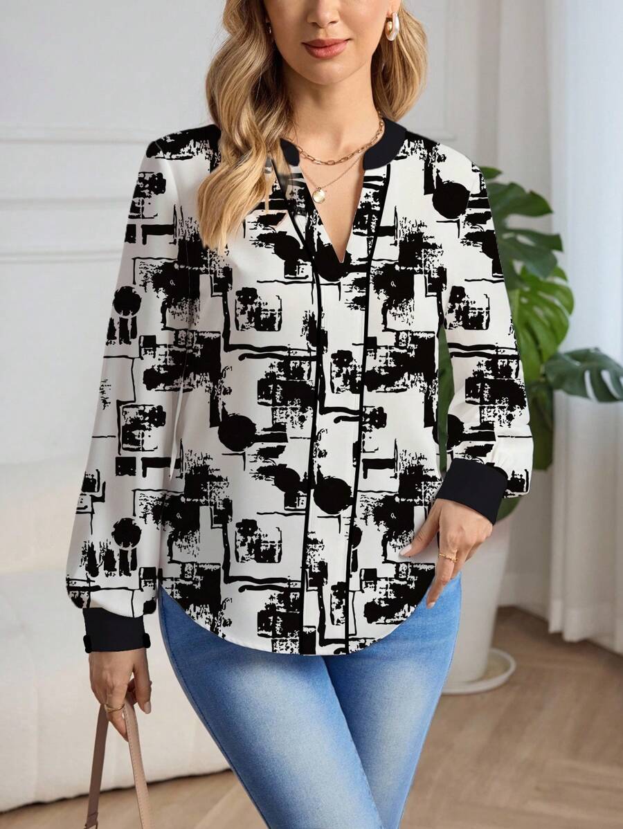 Shutterstock Glamance 女式几何印花 V 领灯笼袖衬衫 女式衬衫 长袖休闲工作上衣 商务休闲女式衬衫 抽象印花衬衫 黑白衬衫 - 黑與白 - 查看 1