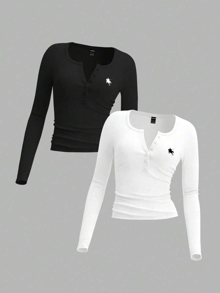 SHEIN Comfortcana 女士长袖合身前扣基本款上衣，休闲日常穿着春季 - 彩色 - 查看 1