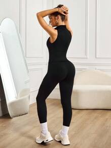 Slayform Women's Mesh Patchwork Zipper Sleeveless Top And Tight Mesh Patchwork 3/4 Leggings Two Pieces Sportswear Set, Casual Yoga Daily Outfit Workout Sets - Black - View 2