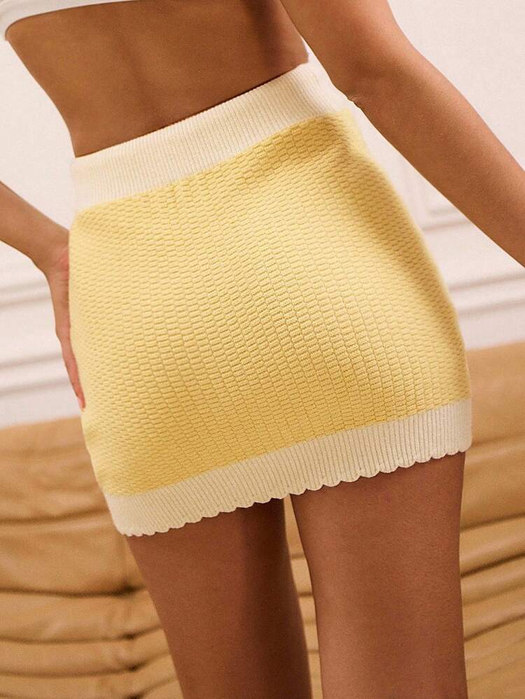 Butter Yellow Textured Knit Mini Skirt With Tie Waist And Contrasting Waistband And Hem Back To School Skirt Going Out Skirt Spring Summer