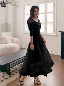 DAZY 优雅女士露肩中长喇叭连衣裙 - 黑色 - 查看 5