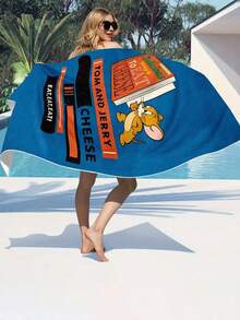 TOM & JERRY X SHEIN 1pc Letter & Cartoon Pattern Beach Towel Cozy Plush Fleece, Warm & Soft For Camping, Home, And Outdoor Use - Perfect Birthday Or Holiday Gift For Boys, Girls, Men, And Women - All-Season Comfort, Outdoor Blanket