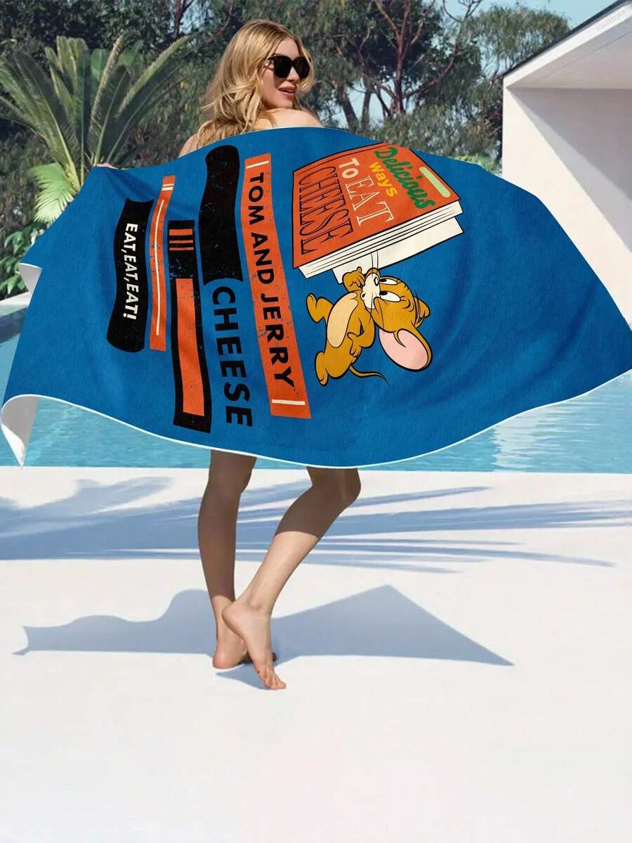 TOM & JERRY X SHEIN 1pc Letter & Cartoon Pattern Beach Towel Cozy Plush Fleece, Warm & Soft For Camping, Home, And Outdoor Use - Perfect Birthday Or Holiday Gift For Boys, Girls, Men, And Women - All-Season Comfort, Outdoor Blanket