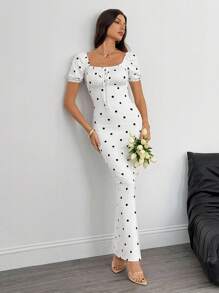SHEIN Tall Women's Elegant Minimalist Precise Vacation Polka Dot Square Neck Ruched Fitted Dress, Summer - White - View 3