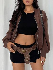 SHEIN Raffinéa Women's Casual Zip Pocket Long Sleeve Jacket, Autumn - Brown - View 7