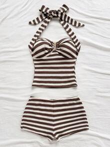 Soleia 女式条纹吊带背心和短裤套装，适合度假、海滩、节日、夏季服装和波西米亚风格 - 彩色 - 查看 6