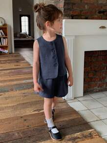 Dazy Kids 2件套女童圆领可爱无袖上衣和宽松短裤休闲套装，夏季