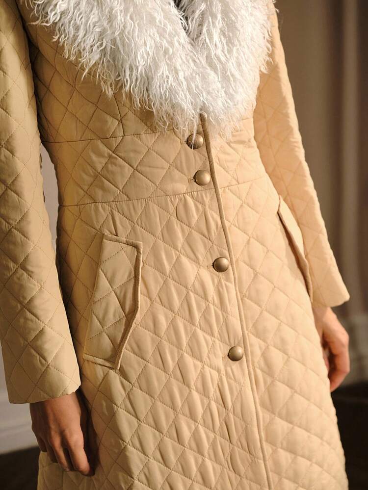 CONTRAST FAUX FUR BUTTON UP PLAID LONG PADDED COAT