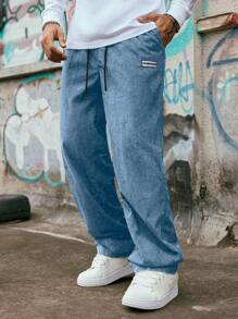 PAVTROS Manfinity Streetrush Men's Casual Versatile Letter Graphic Drawstring Waist Long Pants Streetwear Sweatpants Blue Sweatpants Men Baggy Streetwear Corduroy Pants , Fall Winter