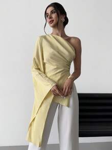 Firerie 女士优雅新款时尚沙滩度假休闲单肩超长袖褶皱金属装饰黄色衬衫，奶油黄，度假 - 黃色 - 查看 3