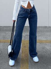 100% Cotton Women's Solid Color Casual Straight Leg Jeans