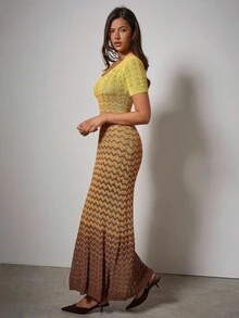 COSMINA Women's Wavy Striped Round Neck Short Sleeve Fitted Knit Dress - Multicolor - View 2