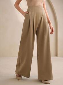 Anewsta Pantalones rectos con diseño de cintura asimétrica y plisados, pantalones casuales de negocios para mujer para otoño, invierno, salidas, formales, elegantes, Año Nuevo, Navidad, graduación, boda