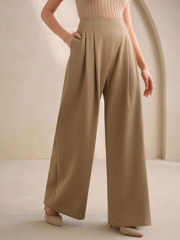 Elegant Asymmetrical Waist Design Pleated Straight Leg Long Pants, Business Casual Women Trousers For Autumn, Fall, Winter, Going Out, Formal, Chic, New Year, Christmas, Graduation, Wedding