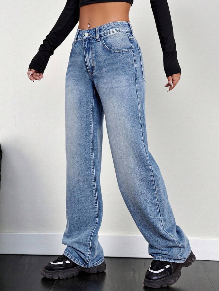 SHEIN EZwear 水洗蓝色斜口袋阔腿牛仔裤 - 淺色水洗藍 - View 1