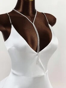 Y2K Amplova Elegant Women's Sexy Rhinestone Tassel Hem Spaghetti Strap Mini Dress, Summer White Fringe Dress White Cocktail Dress White Club Dress White Rhinestone Dress,, Ideal For Parties And Making A Statement. - White - View 6