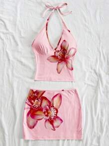 SHEIN x Eduarda Gutierrez Soleia Bộ 2 món áo yếm họa tiết hoa và chân váy mini dành cho nữ, thích hợp đi biển/nghỉ dưỡng - Nhiều màu - Xem 3