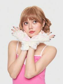 ROMWE Kawaii Găng tay hở ngón thêu hình bàn chân mèo hoạt hình dễ thương, Găng tay nửa ngón bằng vải nhung ấm áp dùng cho cosplay, sử dụng ngoài trời thường ngày vào mùa thu/đông - trắng - Xem 3