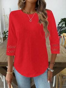 EMERY ROSE Áo thun nữ cổ tròn tay khoét rỗng màu trơn thường ngày - Đỏ - Xem 4