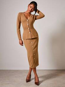 COSMINA 2pcs Women Solid Color Button Front Cardigan & Knit Skirt Set In Fall/Winter - Brown - View 3