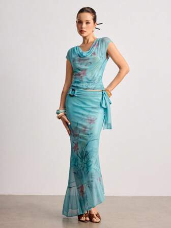 ROMWE Avant Falda de sirena con estampado floral vintage, superposición de malla, y decoración de lentejuelas y cuentas estilo Y2K