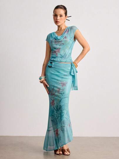 ROMWE Avant Jupe sirène avec superposition en maille à imprimé floral vintage Y2K, ornée de sequins et de perles