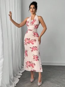 Modelyn Women's Floral Print Draped Neck Bodycon Dress - Pink - View 5