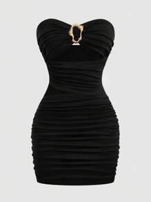Sweetra Sexy Solid Color Minimalist Ruched Bodycon Mini Dress - Black - View 1