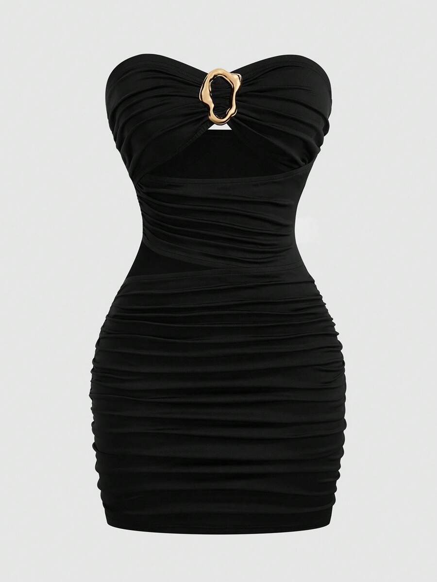 Sweetra Sexy Solid Color Minimalist Ruched Bodycon Mini Dress - Black - View 1