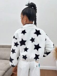 SHEIN Tween Girl Thick Fleece Star Print Cardigan Jacket, Heart Print Crew Neck, Casual Autumn/Winter Fall - White - View 4
