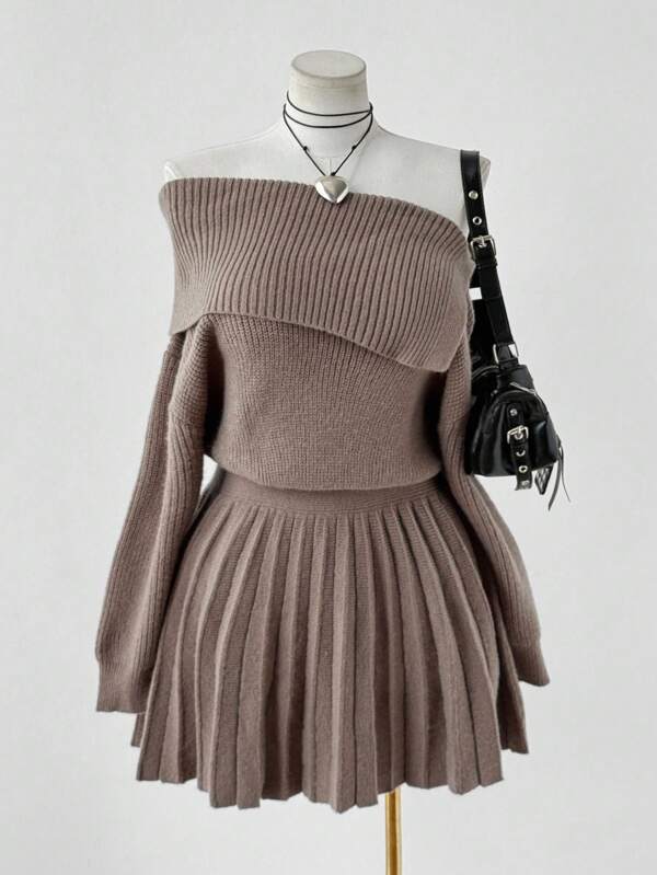 Sunspun Autumn/Winter Fashion Asymmetric Off-Shoulder Solid Color Waist Pleated Dress Fall Cloth For Women