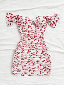 Soleia Off The Shoulder Vacation Knit Mesh Off Shoulder Bodycon Dress For Women Cherry Print Dress Off The Shoulder Dress Ruched Dress