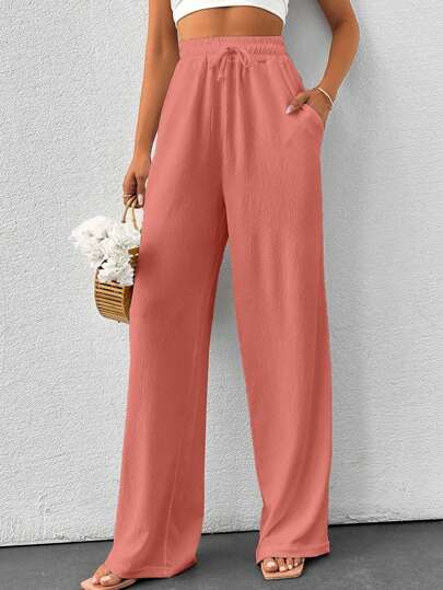 SHEIN Tall Summer Solid Color Beige High Waist Drawstring Waist Linen Look Wide Leg Pants