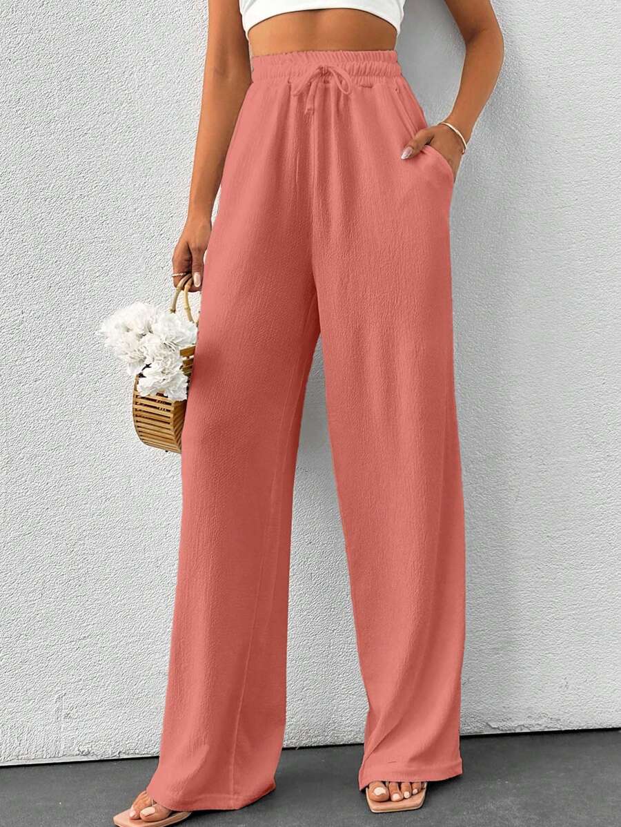 SHEIN Tall Sommer einfarbige beige Hose mit hoher Taille, Kordelzug und weitem Bein in Leinenoptik