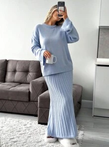 EURMUSE Casual Crew Neck Drop Shoulder Loose Oversize Fit Cozy Sweater & Maxi Pleated A Shape Skirt For Women Daily Smart Casual Knit Set For Women Light Blue Outfit Women Modest Two Piece Set Pleated Skirt Set Modest Sets For Women Two Piece Sweater Skirt Set - Baby Blue - View 5