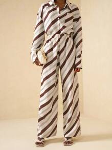 Lyxana Women's Commuting Minimalist Contrast Striped Pants Fall Cloth For Women - Apricot - View 5