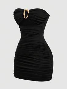 Sweetra Sexy Solid Color Minimalist Ruched Bodycon Mini Dress - Black - View 7
