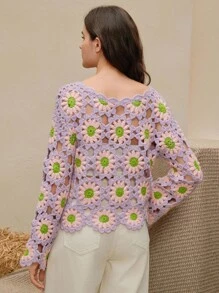 Anewsta 秋季女款手工镂空花卉彩色针织毛衣上衣，适合秋冬季外套