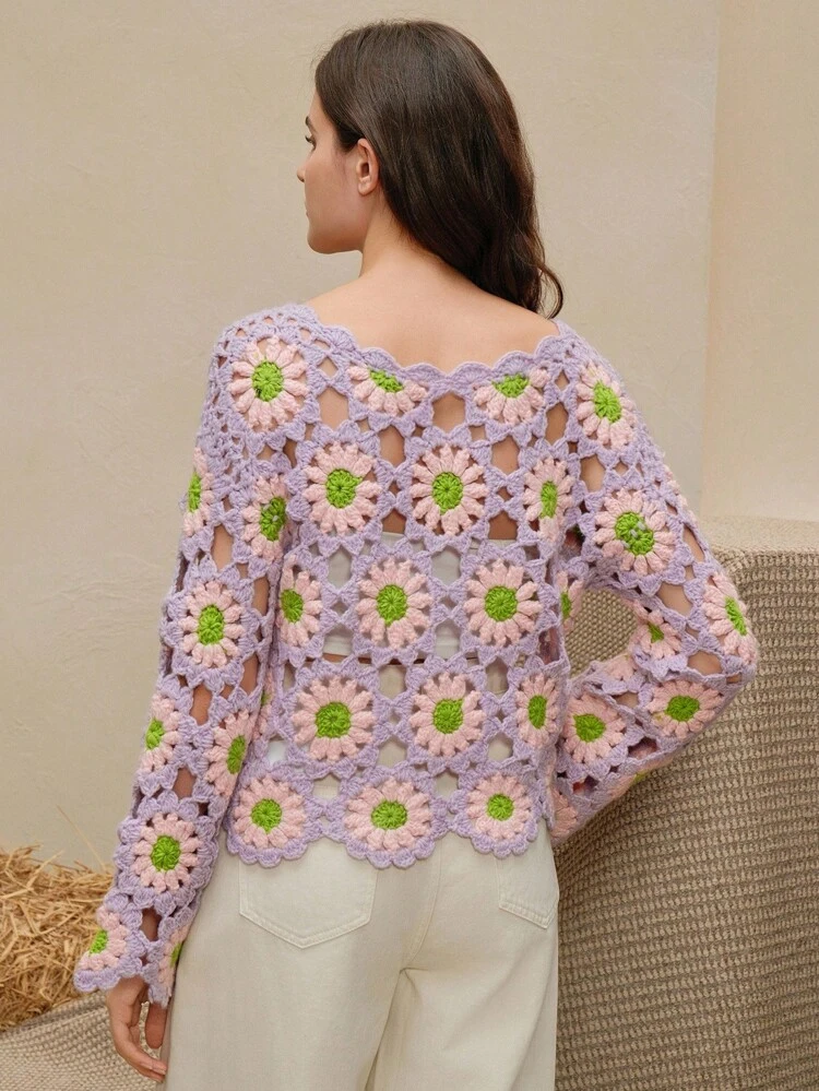 Top de chandail tricoté coloré et fleuri fait main avec motif ajouré, convient pour les vêtements d'extérieur en automne/hiver