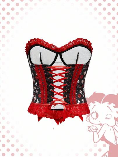 Betty Boop | ROMWE Top court à contraste de dentelle et d'arêtes de poisson avec imprimé "Betty" doux et épicé pour femmes, style Y2K