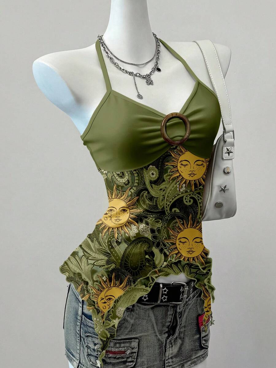 SHEIN EZwear Áo ba lỗ cổ yếm in hình mặt trời phong cách Punk cổ điển dành cho nữ, viền bất đối xứng, kết nối hình tròn - Nhiều màu - Xem 1