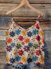 EMERY ROSE 加大码 V 领蕾丝拼布花卉图案夏季纯色优雅吊带背心，适合度假、约会、派对和时尚