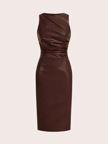 Siren Gaze Váy da nữ thời trang xếp nếp thu đông không tay xếp nếp PU mini váy màu trơn cổ tròn xếp nếp da PU không tay dài vừa phải, thích hợp cho tiệc tùng, công sở, ngoài trời, lót hoặc mặc riêng, váy cocktail thích hợp để đi chơi và dự tiệc Váy giáng sinh - Cà phê nâu - Xem 2