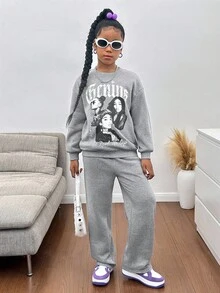 SHEIN Setelan 2 Potong Sweatshirt Bergambar Slayr untuk Remaja Perempuan, Pakaian Kasual Sehari-hari Serbaguna untuk Musim Gugur dan Musim Dingin - Grey - View 4