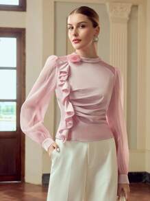 ZEYLAH 女式纯色优雅 3D 花卉荷叶边长袖衬衫 - 粉色 - 查看 5