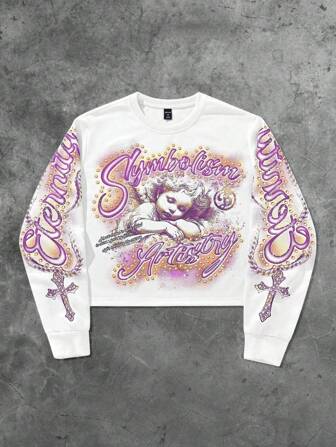 Street Life Sudadera con capucha corta casual de hombre con estampado de cruz y letra de ángel, para primavera/otoño
